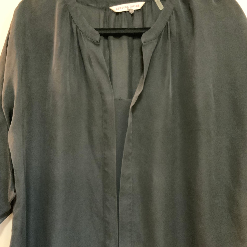 Rebecca Taylor Silk Black Solid 3/4 Sleeve Silk Top Size 10 - Picture 3 of 4